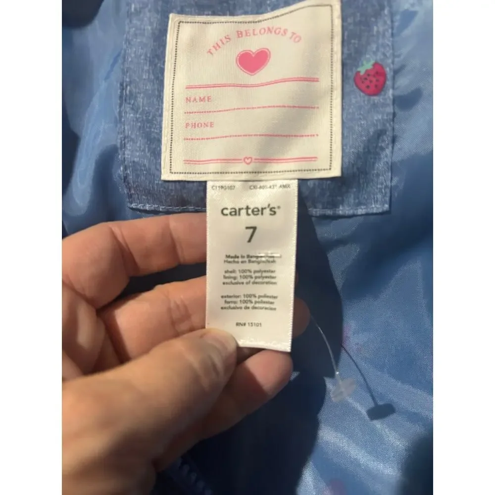 Carter’s 7 blue denim look windbreaker ruffed printed hearts rainbow nwt